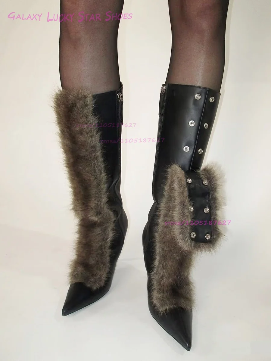 

Brown Long Striped Tassel-Tie Black Leather Knee Boots Women Button Buckle Pointed Toe Stiletto Heel Zip Casual Office Lady Shoe