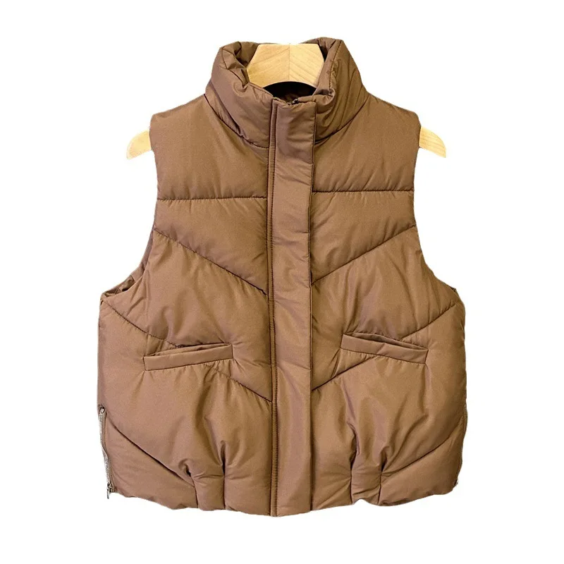 Women Vest Parkas Short Coats Solid Regular Stand Collar Sleeveless Thick Warm Jackets Winter 2025 Splice Zipper Pockets Coat