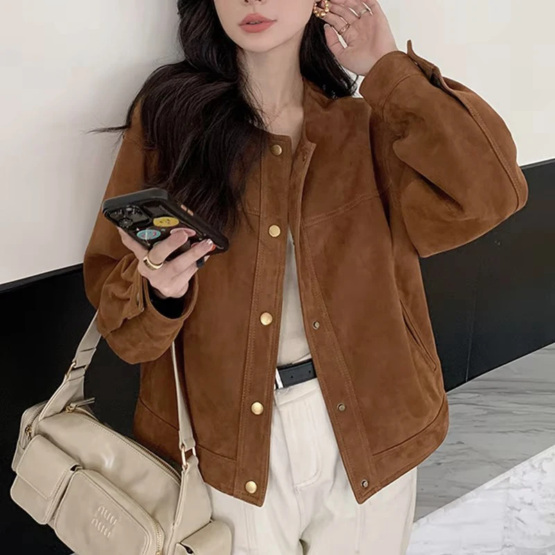 2024 Fall Retro Lambskin Real Leather Jackets for Women Casual O-neck Full Sleeve Loose Coats Female Suede Leather Jacket New