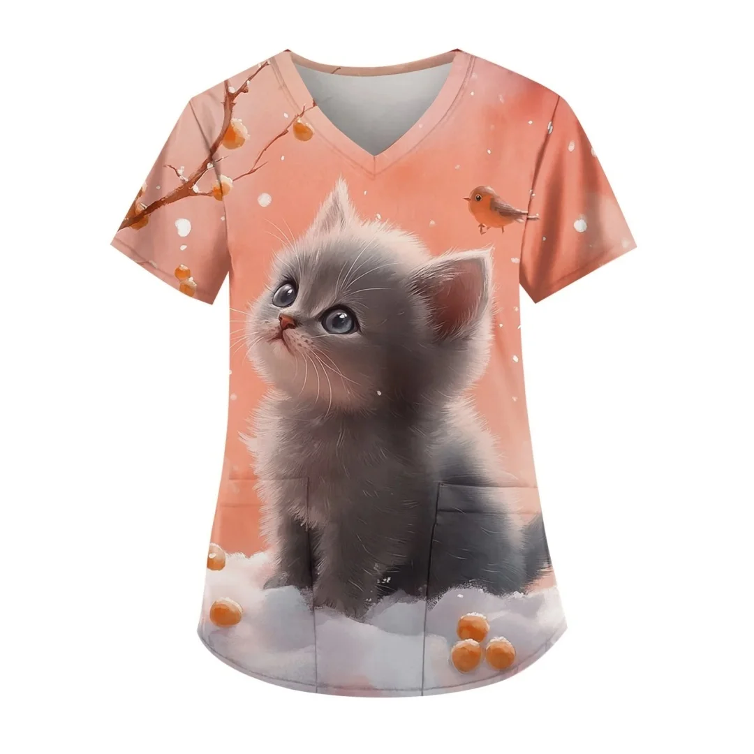 여성용 슬림 플로럴 프린트 탑스 브이넥 여성 수의사 유니폼 반팔 더블 포켓 스트레치 브이넥 스크럽 유니폼