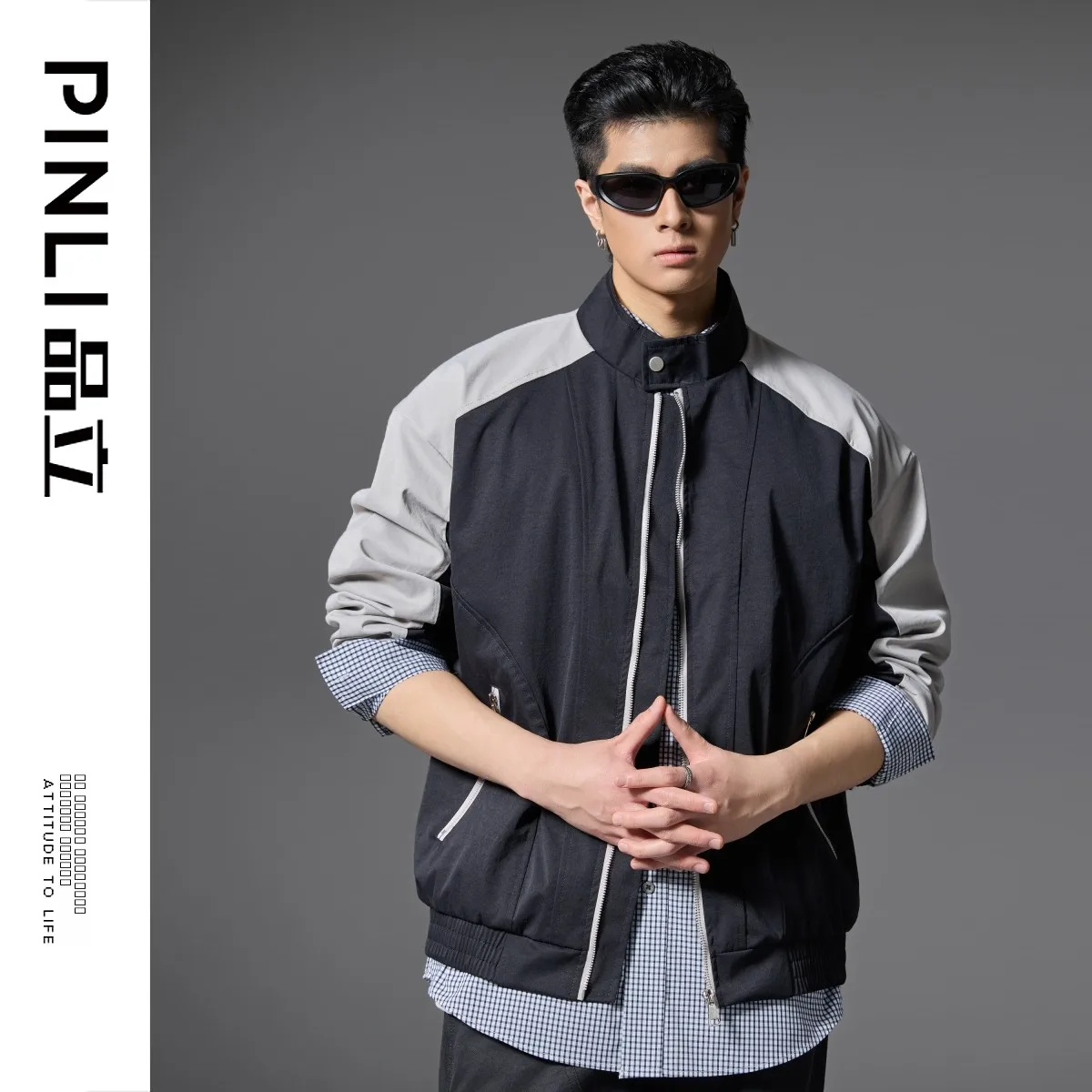 

Pinli Spring Summer New Loose Casual Jaet Men's Stand Collar Workwear Polyester Blend Faion Urban Sle Color Blo Outer...