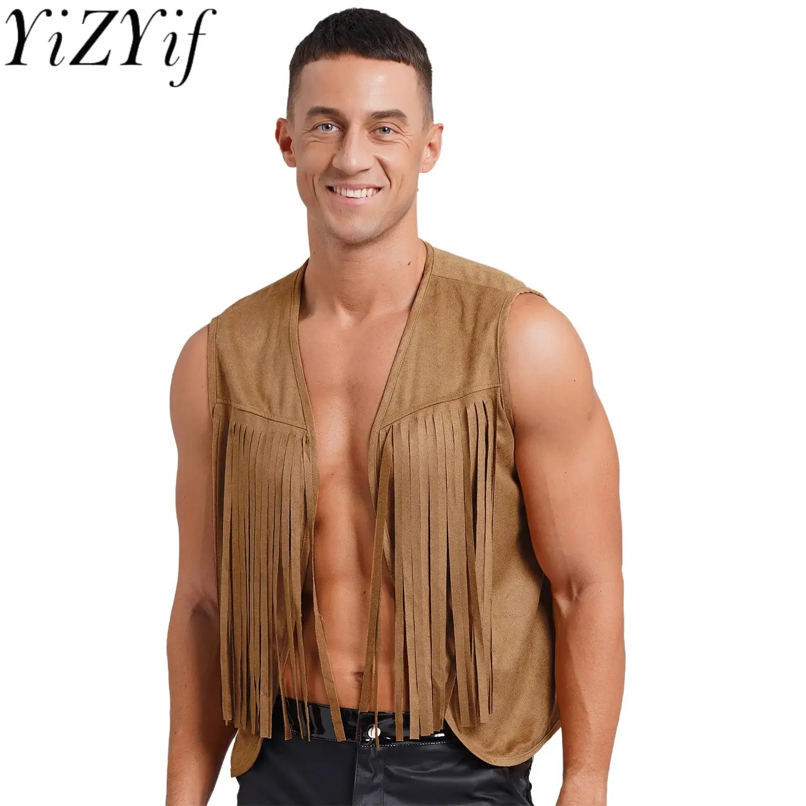 Men Western Cowboy Vintage Faux Suede Tassel Vest Tops Open Front Rivets Fringe Waistcoat Jacket Festival Rave Party Clubwear