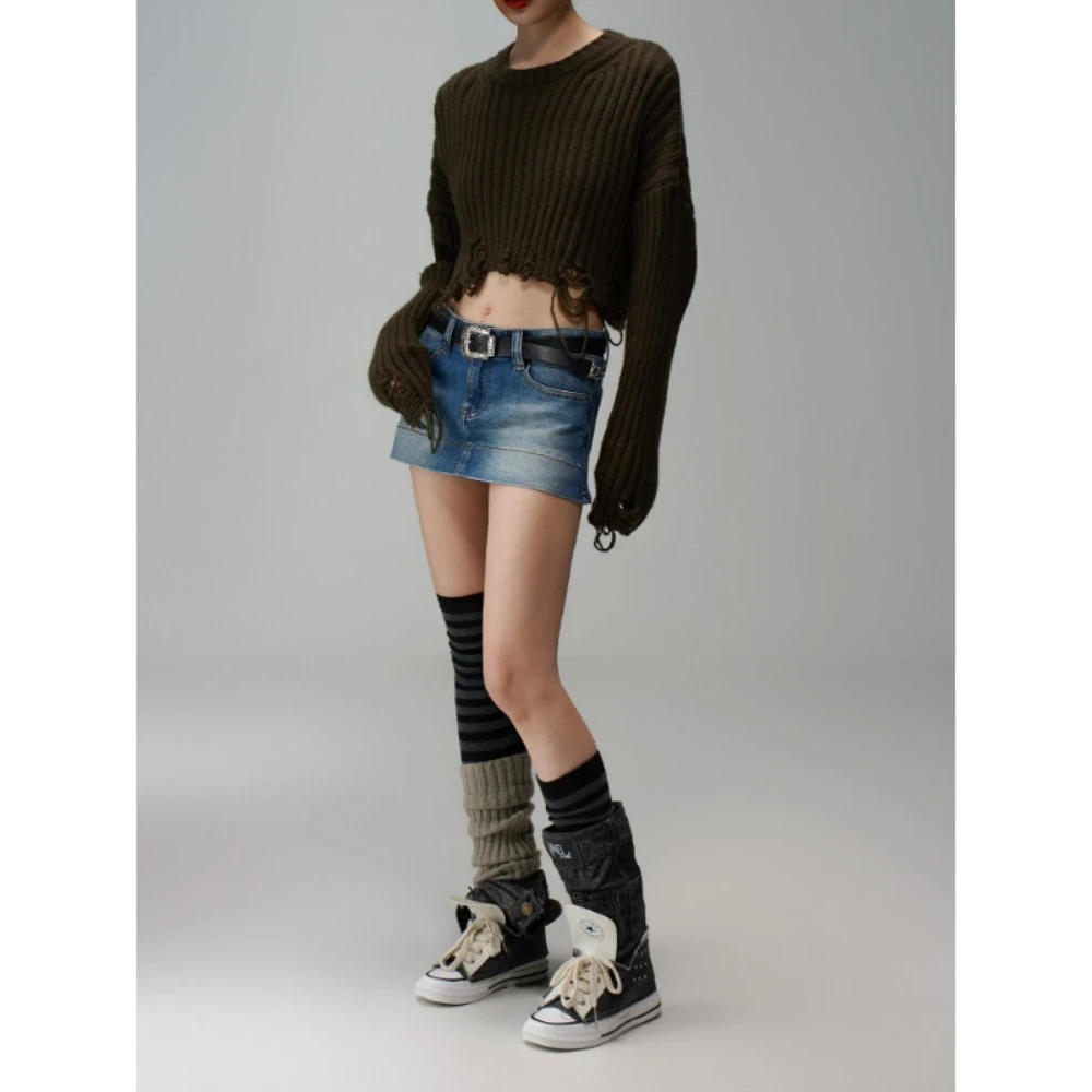 Summer Retro Baddie Style Washed Bodycon Thin Denim Culottes Women's American Style Vintage Versatile Distressed Mini Skirt