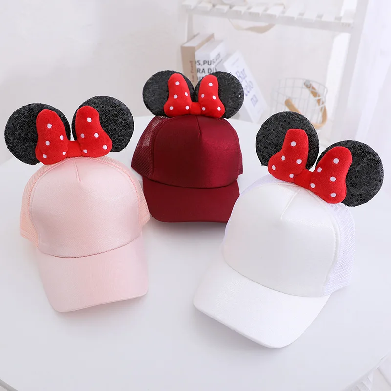 Disney Mickey Minnie güneş şapkası çocuk beyzbol şapkaları Minnie Mouse yay büyük kulaklar kızlar beyzbol şapkası rahat güneş koruma şapkası