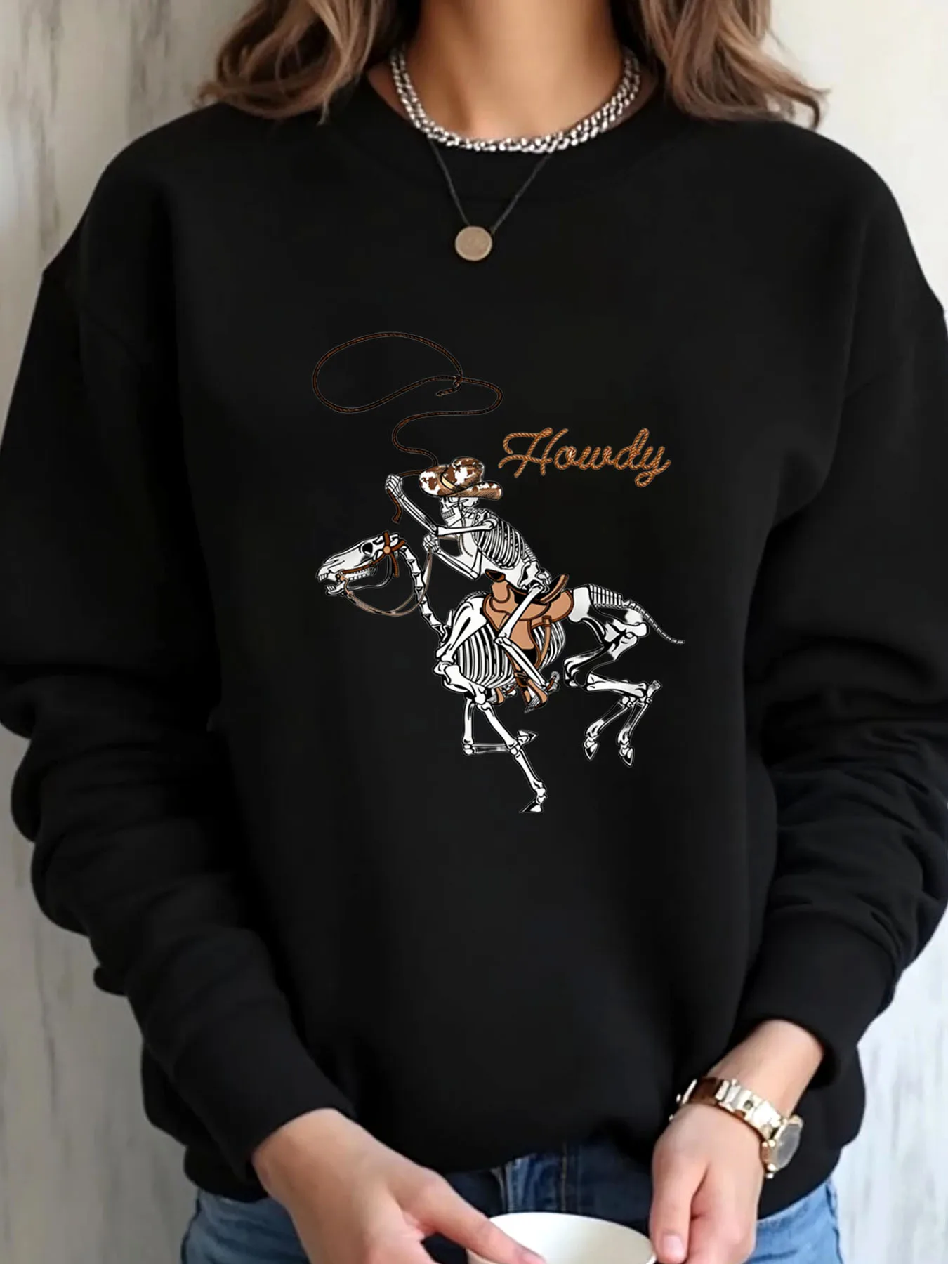 

Женская толстовка большого размера на Хэллоуин, скелет, ковбойская верховая лошадь, верхняя одежда с принтом Howdy