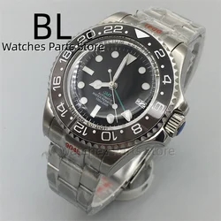 BLIGER 43mm GMT Mens Watch Automatic Mechanical Watches for Men Black Gray Ceramic Bezel Domed Crystal 10Bar C3 Green Luminous