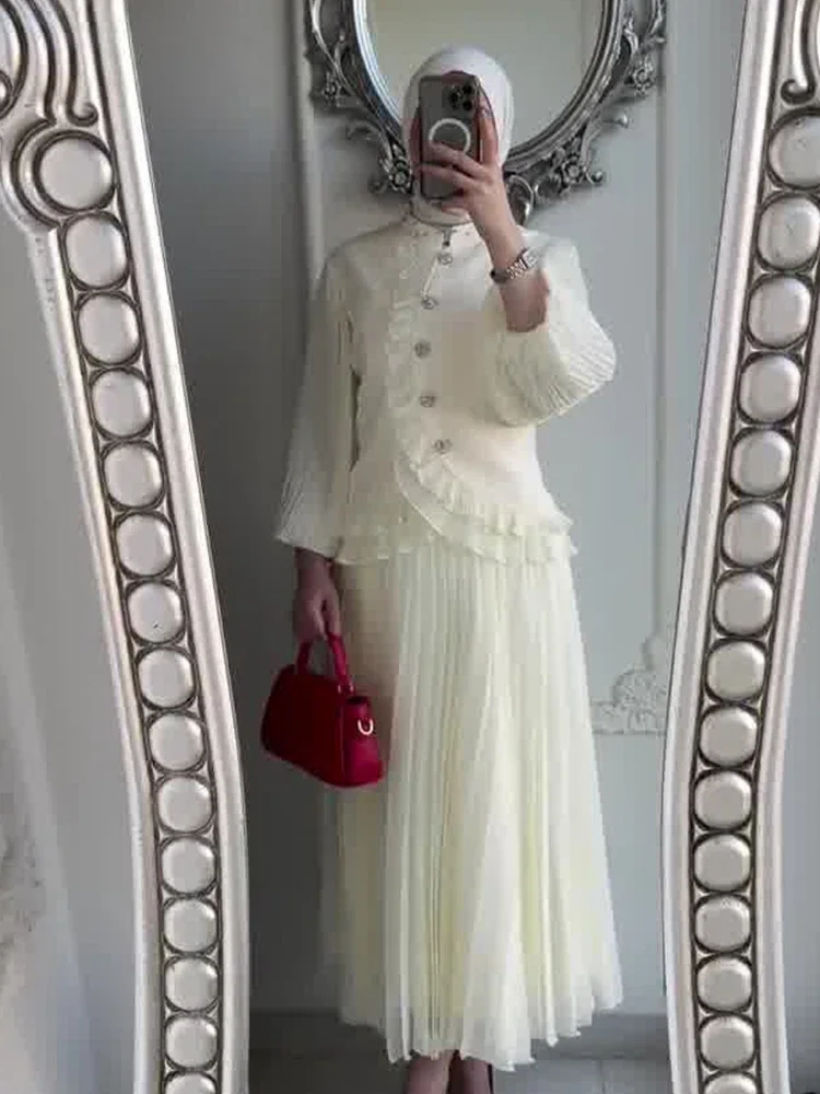 2 Piece Set Women Top Skirt Eid Muslim Abaya Pleated Skirt Sets Ramadan Jalabiya Dubai Arab Morocco Musulman Ensembles Solid