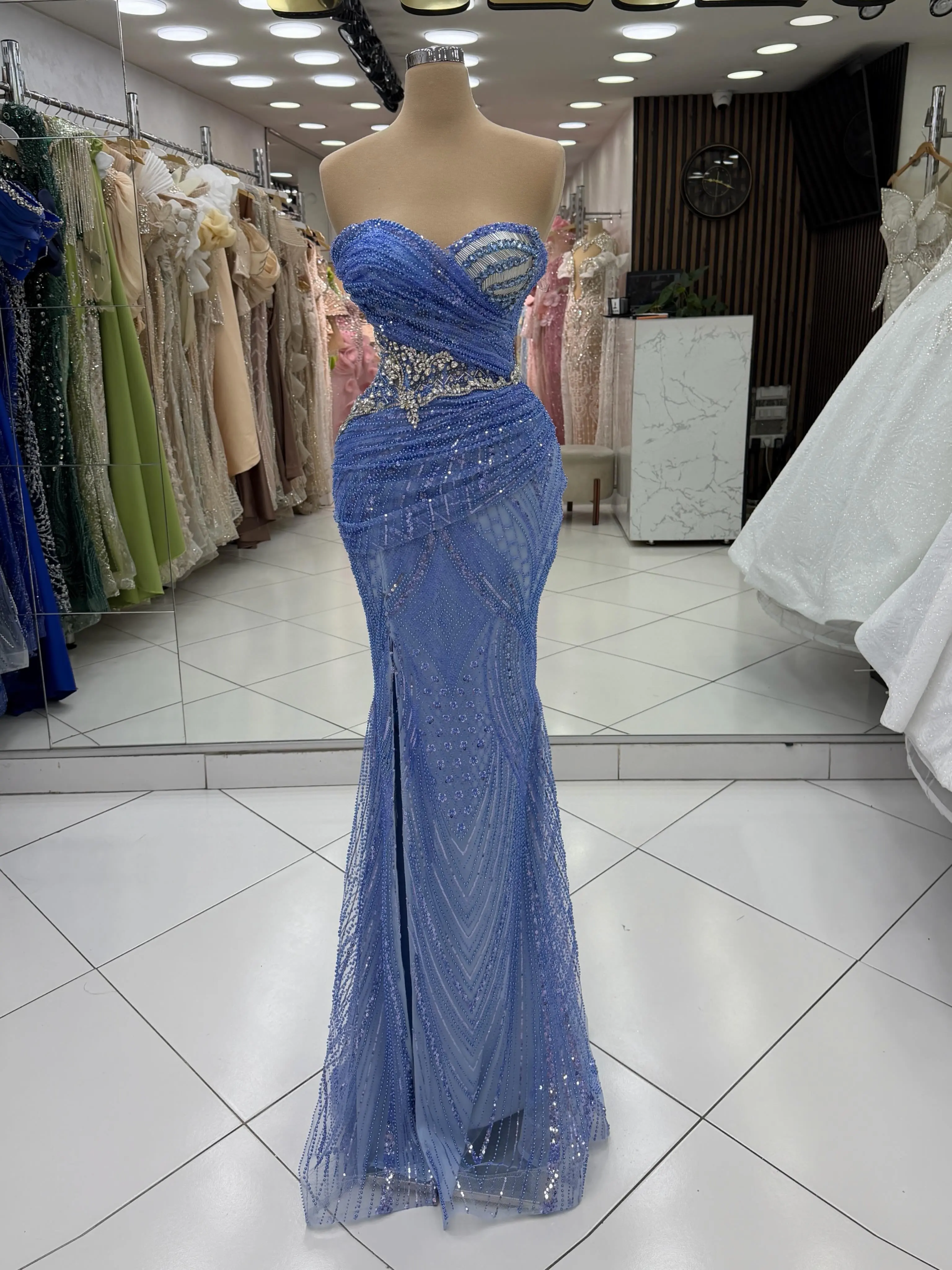 Gorgeous and Simple Evening Dress Complex Stone Beaded Mermaid Dress Blue Evening Dress Quinceanera Dresses Haute Couture Dress
