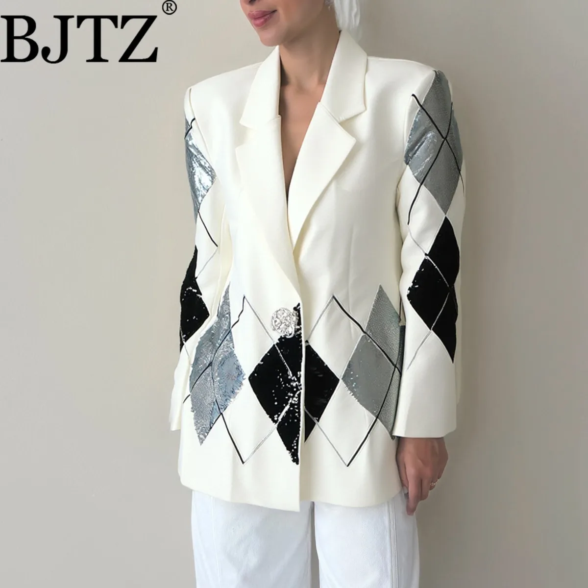 

BJTZ Designer Geometric Print Sequin Patchwork 2025 Summer New Long Sleeve Loose Casual Versatile Small Blazer Jacket