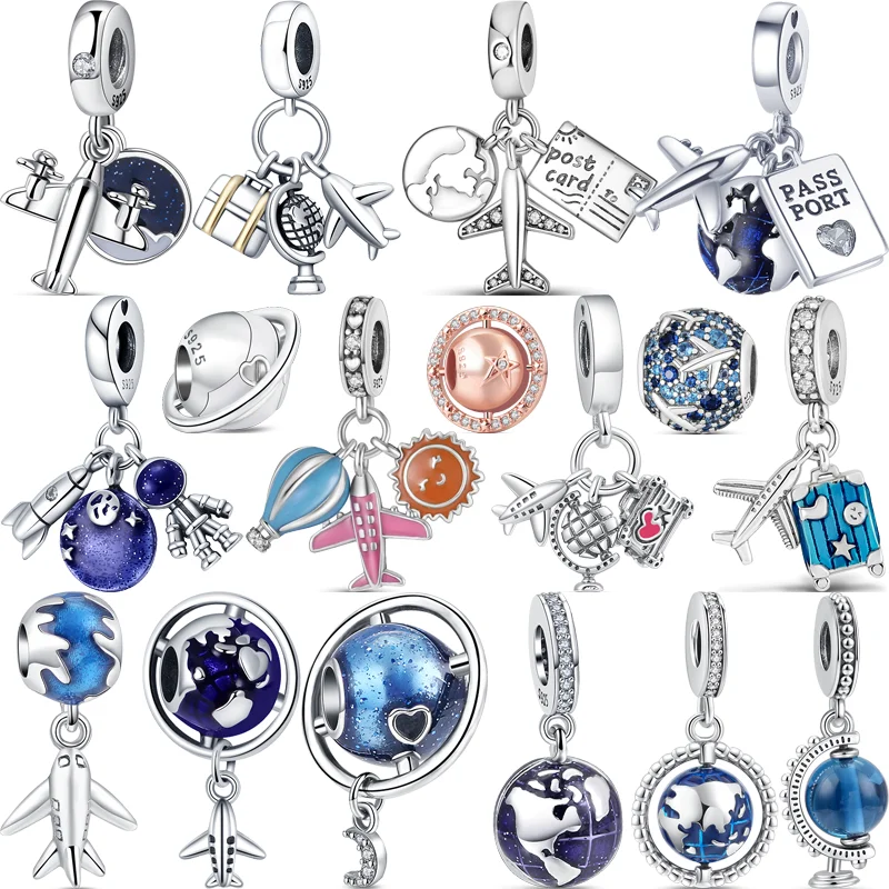 

925 Sterling Silver Blue Earth Aircraft Global Travel Postcard Globe DIY Beads Fit Original Pandora Charms Bracelet Fine Jewelry