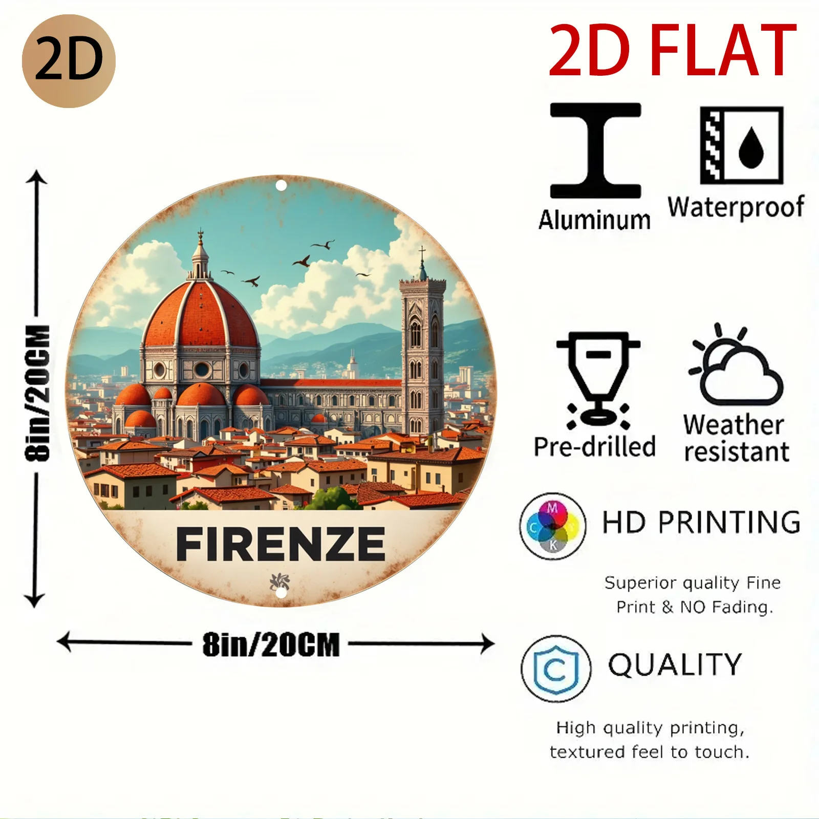 2D Flat Vintage Metal Sign Firenze Florence Cathedral Italy Travel Wall Art Decor for Home Cafe Bar Patio Office Gift