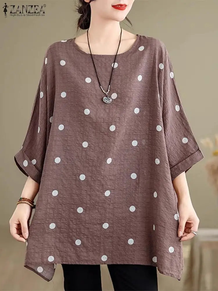 

ZANZEA Summer Polka Dot Blouse Women Oversiezd 3/4 Sleeve Tops Vintage Casual Loose Round Neck Tunics 2024 Holiday Female Blusas