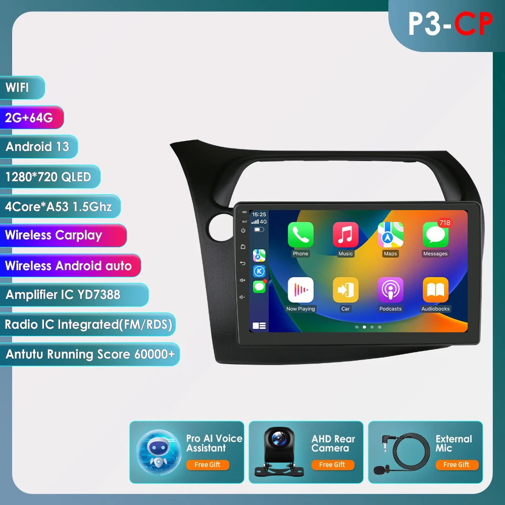 Android13 Autoradio Voor Honda Civic Hatchback 2005-2011 Auto Multimediaspeler Draadloze Carplay 4G-Let 2din Autoradio 360Camera