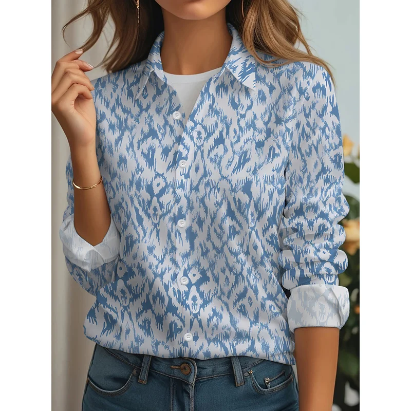 New Women'S Casual Long-Sleeve Shirt in Light Blue Tie-Dye with Irregular Patterns, Perfect for Holiday Gatherings And Commuting