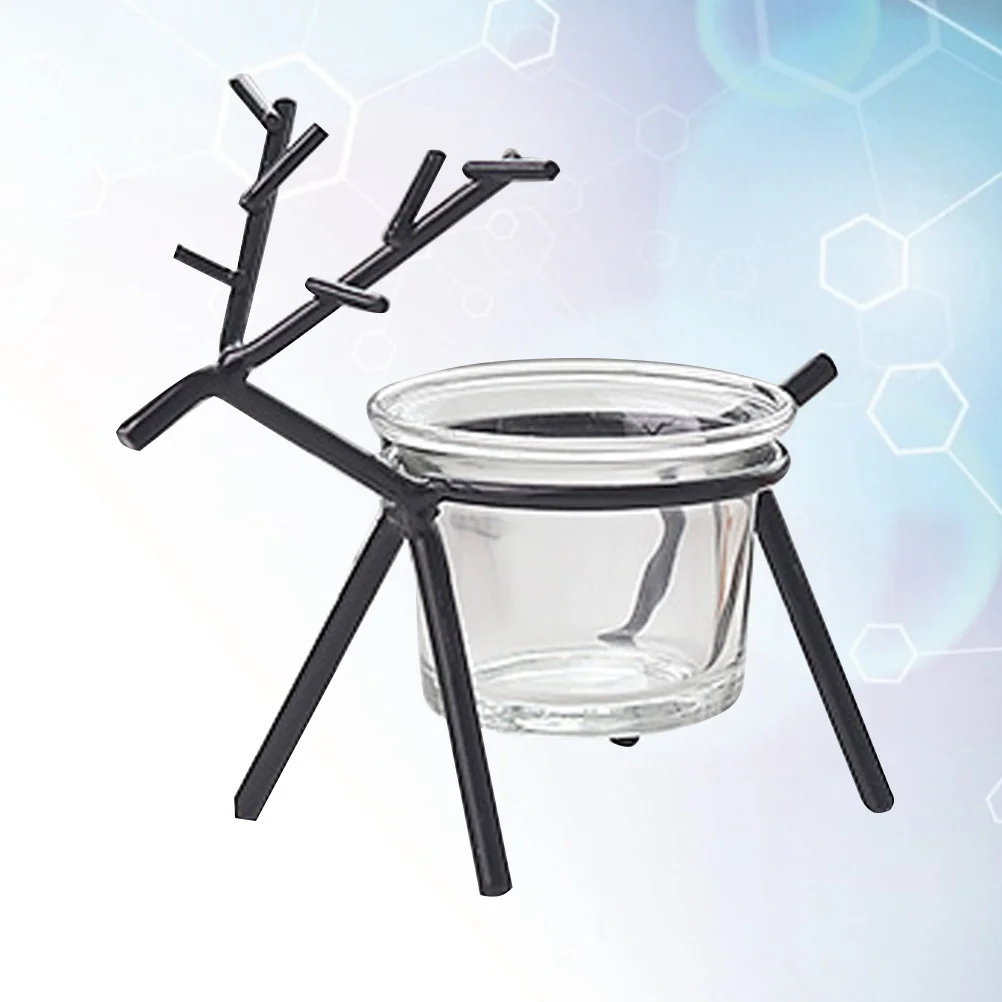 حامل عيد الميلاد الحديدي مع تصميم غزال من الحديد المطاوع باللون الأسود وحامل شمع زجاجي لديكور المنزل والمكتب والعطلات #5