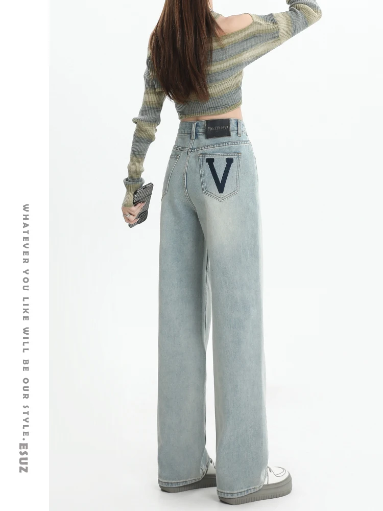 بنطلون جينز نسائي عالي الخصر وواسع الساق من قماش الدنيم فضفاض ومطبوع للتخسيس بقصة مستقيمة بطول الكاحل وصل حديثًا لربيع وصيف