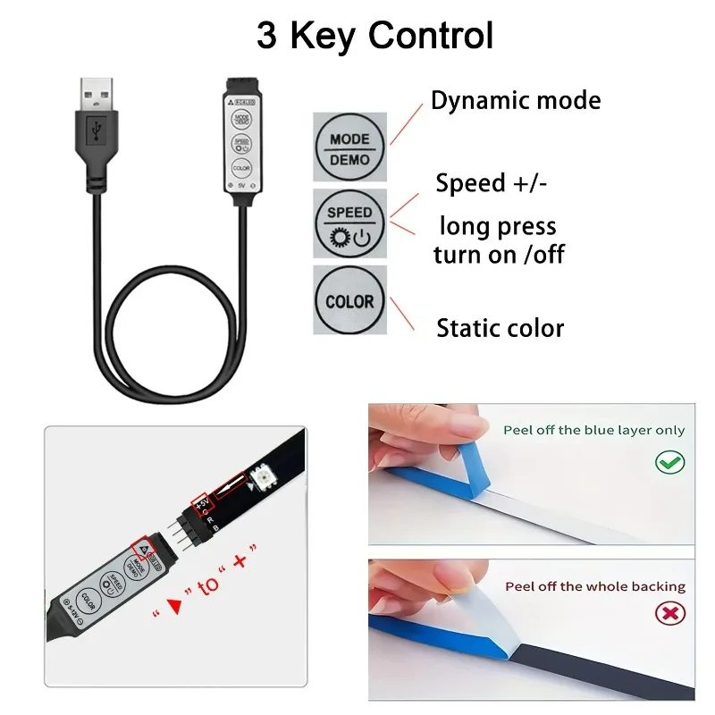 1set Led Lights for TV 3 Key Control Led Strip USB 5V Tape Lights for TV Backlight Home Party Decoration New