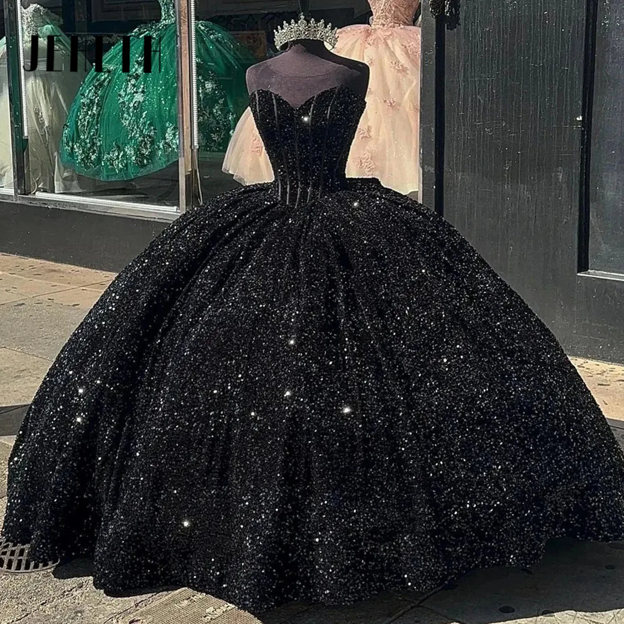

JEHETH Sparkly Black Princess Quinceanera Dress Birthday Lace Up Sweet Vestidos De 15 Anos Sequined Formal Occasions Ball Gown