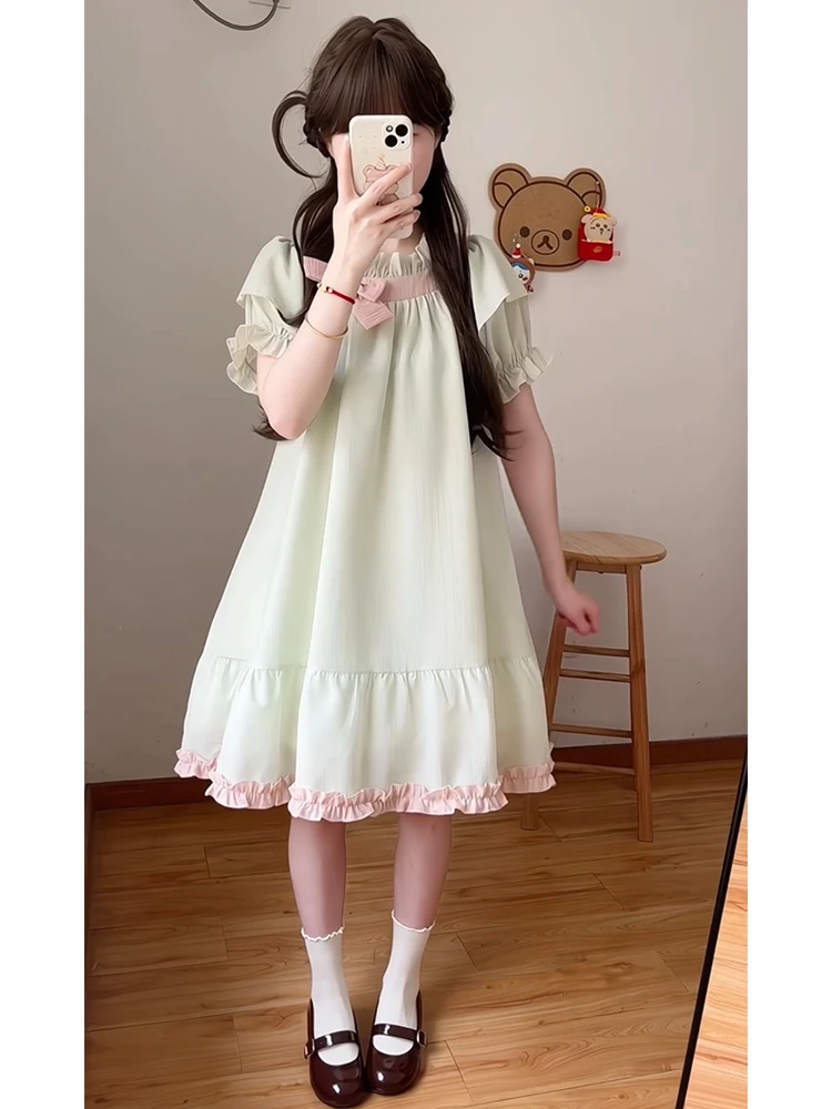 Japoński styl Lolita nowa różowa i zielona sukienka dla lalek w kontrastowym kolorze kokarda w stylu vintage słodkie świeże sukienki księżniczki z krótkim rękawem