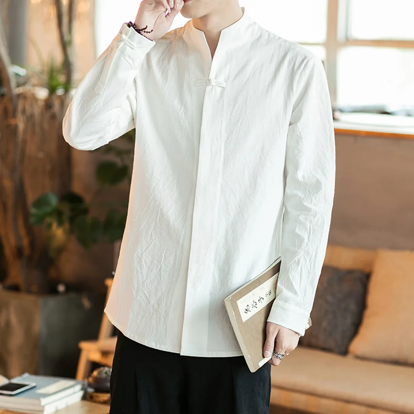 

Loose Fit Long Sve Button up Men's irt Casual Chinese Sle Spring Autumn Faion Urban Wear Youth Hanfu Tang Costume