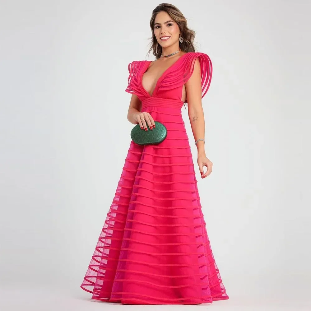 Romantic Pink A Line Prom Dresses V Neck Cap Sleeves Floor Length Long Backless Wedding Party Vestidos De Noche Elegantes 2024