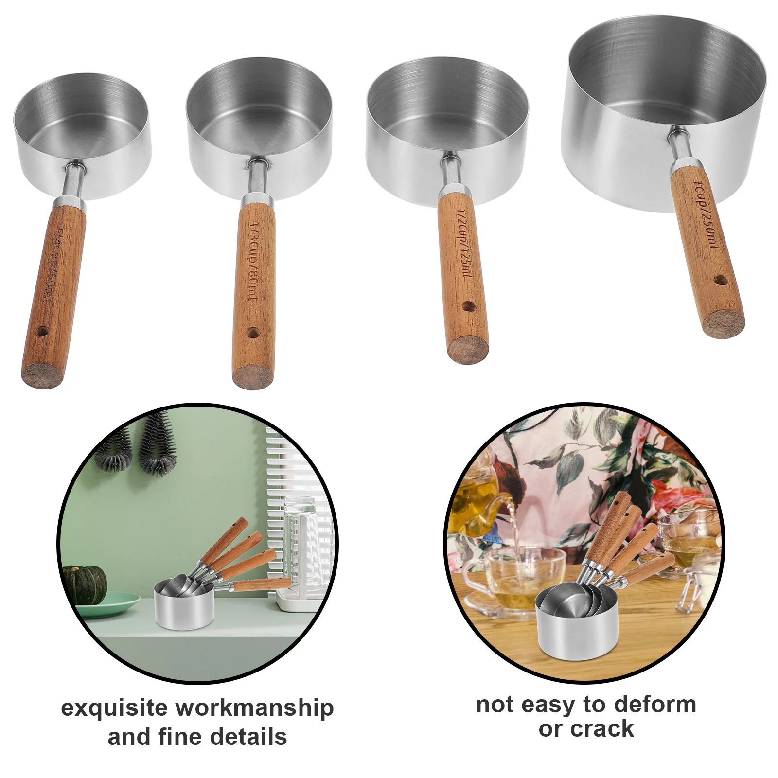

1Set Measuring Cups Set Accurate Baking Measuring Tools Wooden Handle Stainless Steel Safe Reusable Measurement for Flour Tea
