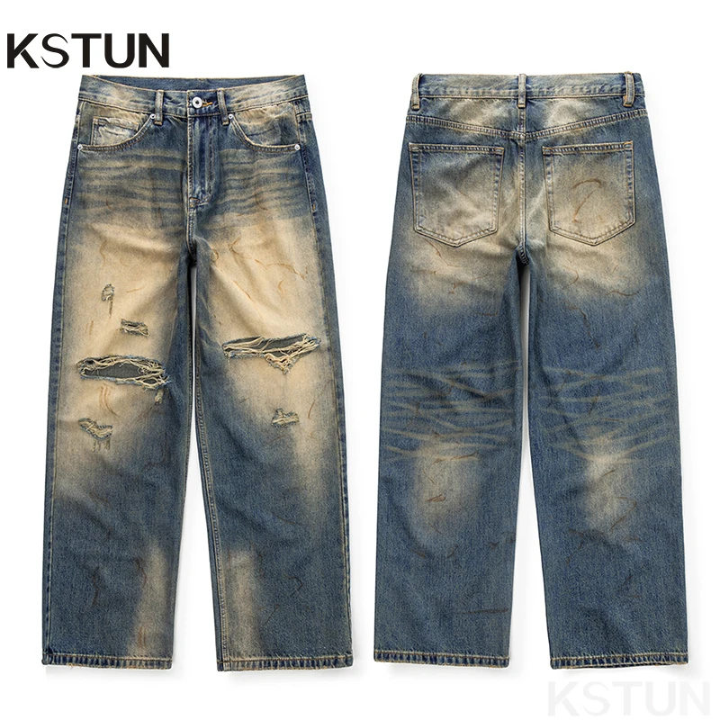 

Hip Hop Jeans Men Loose Fit Wide Leg Pants Baggy Jeans Ripped Hollow Out Holes Distressed Retro Blue Frayed Moto Men's Trousers