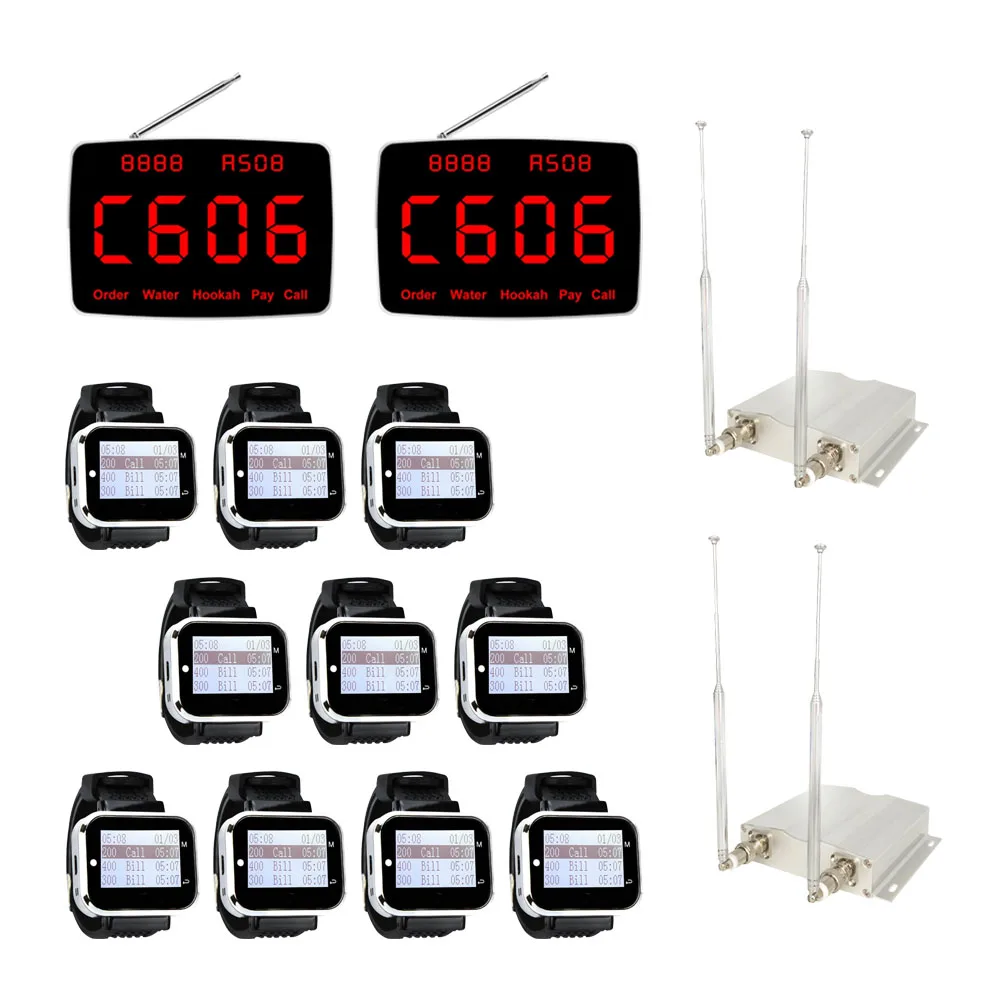 QWICALL 2 Display Monitor 10 Watch Receiver Pager 2 Booster for Restaurant Wireless Calling System