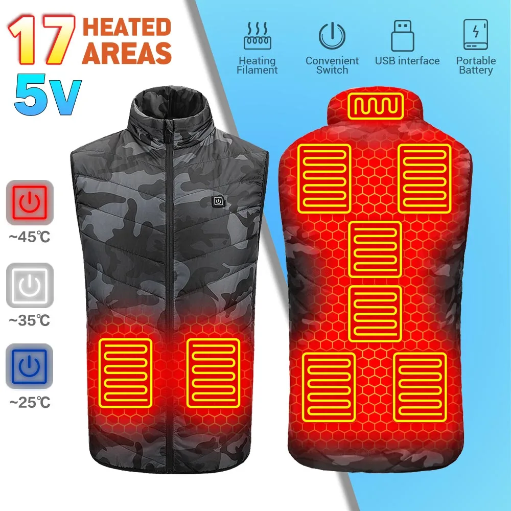 

Winter Heated Vest Plussize Women Coat Intelligent USB Electric Heating 17PCS Heated Jacket Fashion Men Thermal Warm Clothes