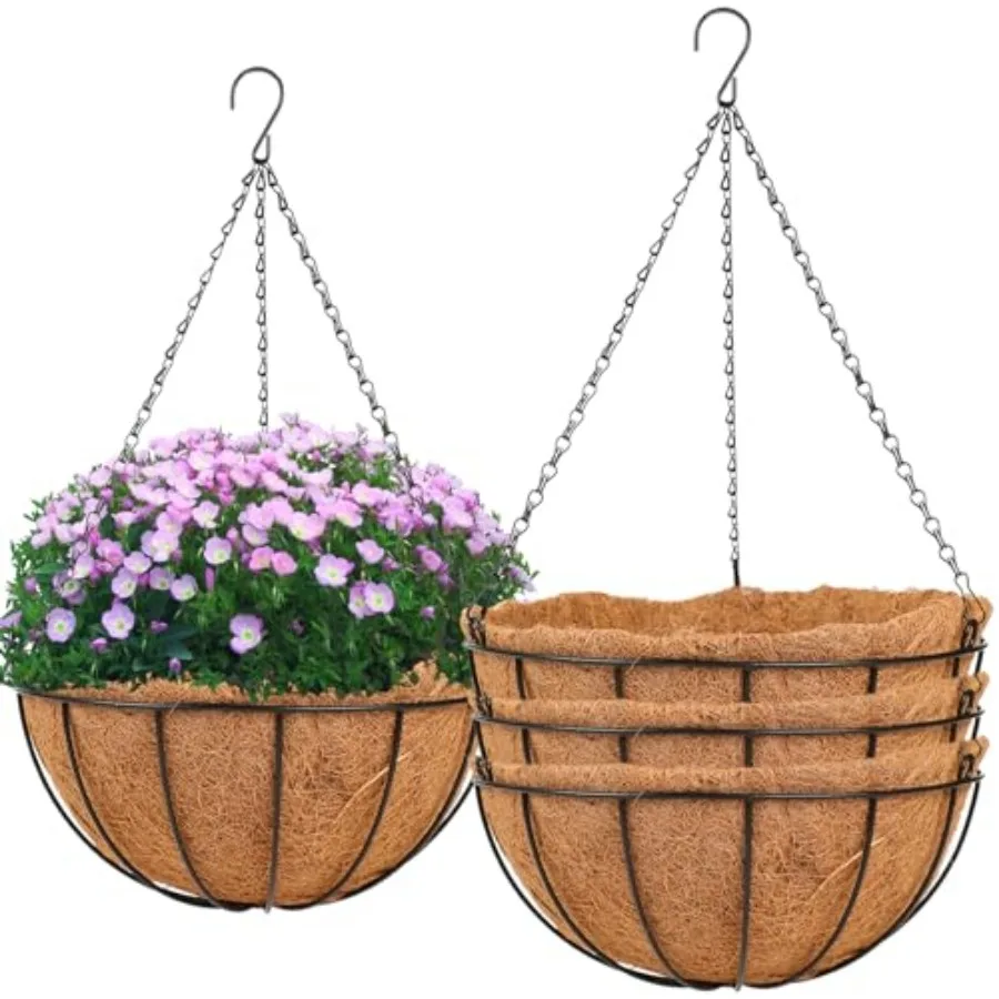 

Подвесное кашпо для растений на открытом воздухе - Набор из 1 металлического подвесного кашпо с кокосовыми вкладышами и цепью-крюком, подвесные цветочные горшки для дома