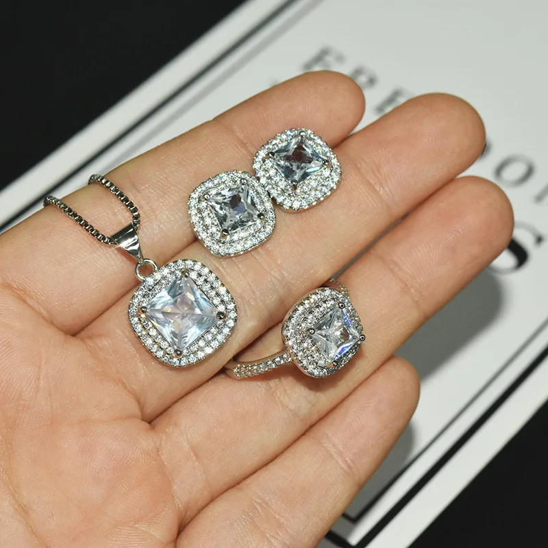 S925 Sterling Silver Stud Earrings Necklace Mozzarella Diamond Square Diamond Set
