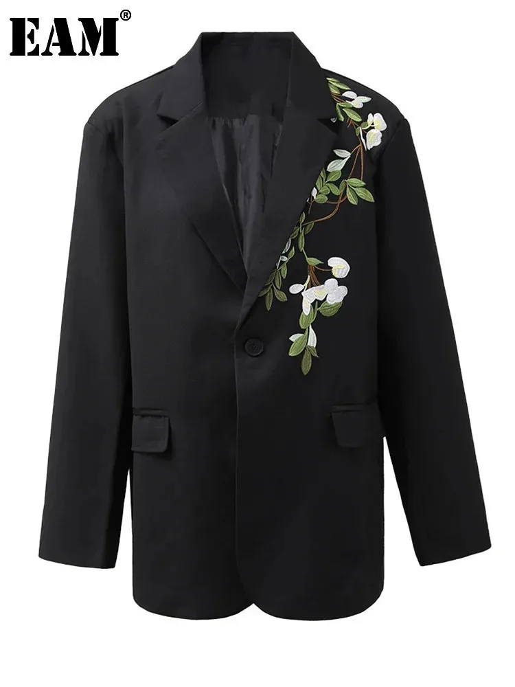 [EAM] Blazer Vintage di grandi dimensioni con ricamo nero da donna nuova giacca a maniche lunghe con risvolto moda marea primavera autunno 2024 CPG1471