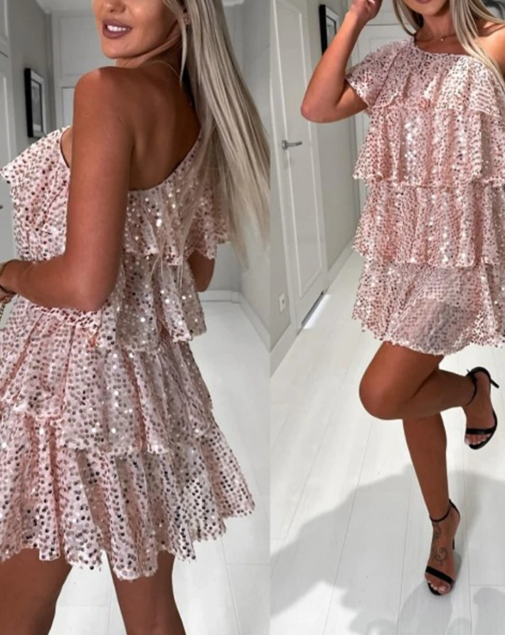 

Elegant Evening Party Dresses Women Sexy Allover Sequin One Shoulder Party Dress New Fashion 2024 Casual Female Clothing Outfits