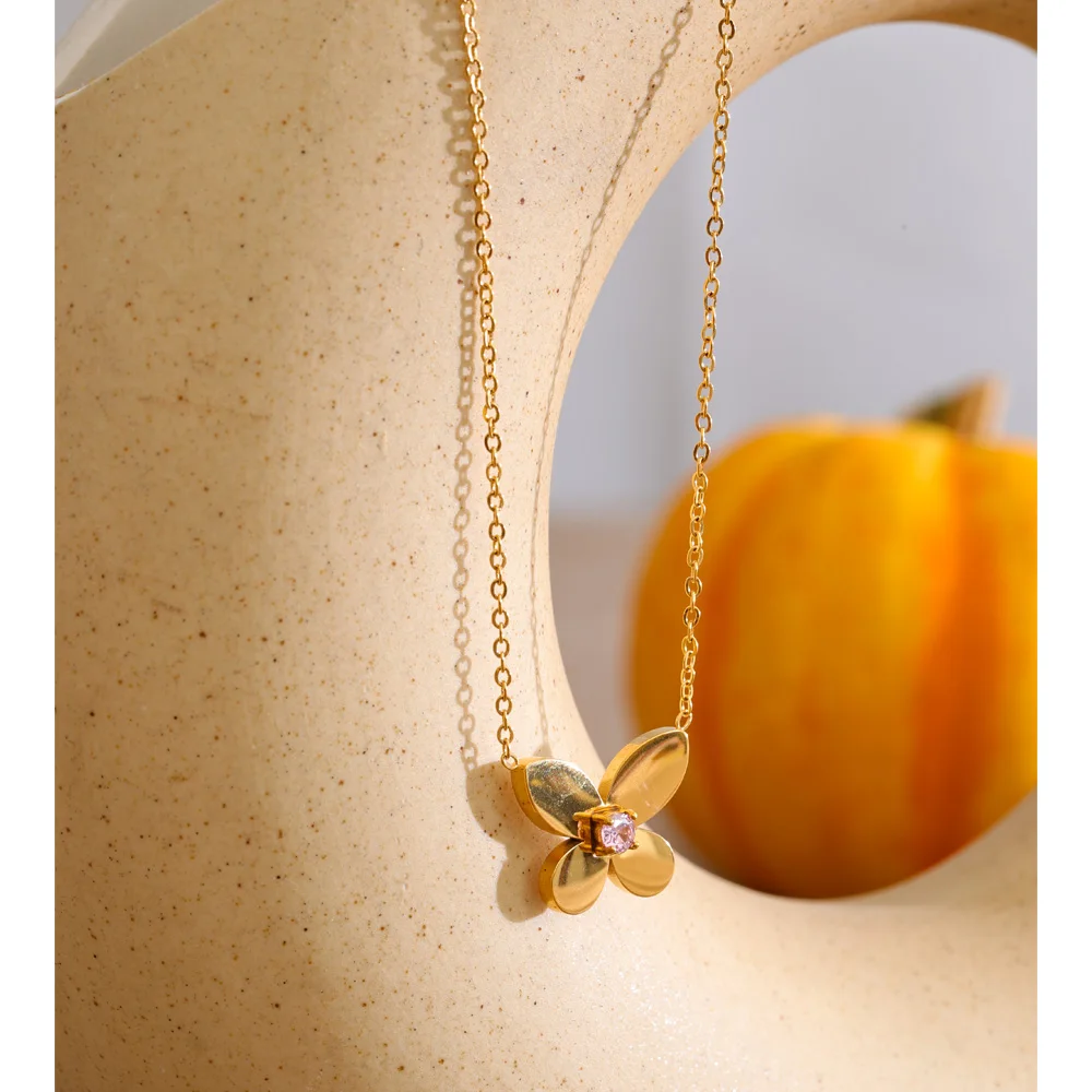 Yhpup Smooth Stainless Steel Zirconia Butterfly Pendant Necklace 18K Gold Color PVD Plated Attractive Women Jewelry Gift New