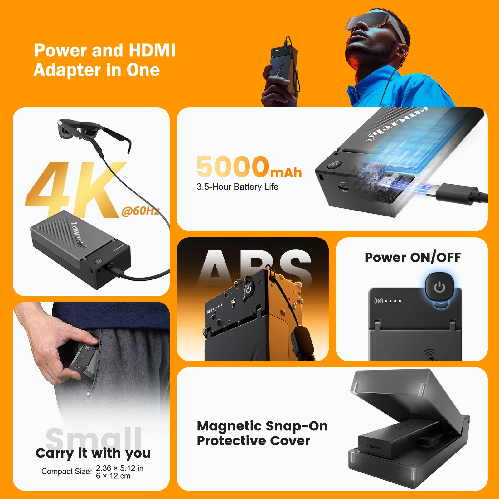 محول نظارات Lemorele 4K AR HDMI إلى Type-C AR محول شحن محول فيديو مع بطارية جهاز استقبال للتليفزيون لـ Xreal