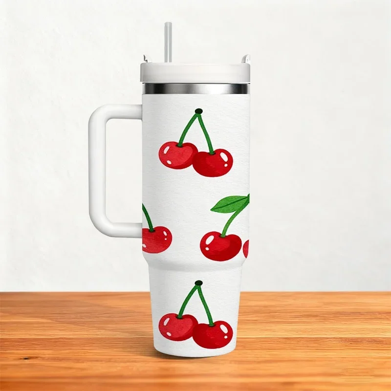 40oz Watercolor Red Cherry Green Leaf Print Insulated Stainless Steel Travel Tumbler With White Handle Straw Lid Large Thermal Water Cup