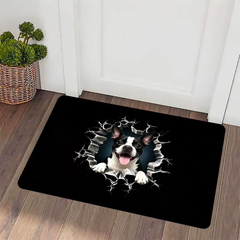 Boston Terrier Doormat – 3D “Breaking Through” Puppy Face, Torn Effect, Black Background, Flannel, Non-Slip, Indoor Use Only