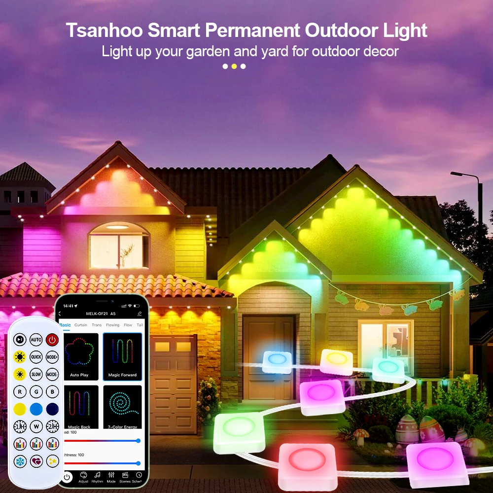 WiFi Smart Eaves String LED Lights Permanent Outdoor IP67 Waterproof RGB DIY Party Holiday New Year's Light Birthday Decoration