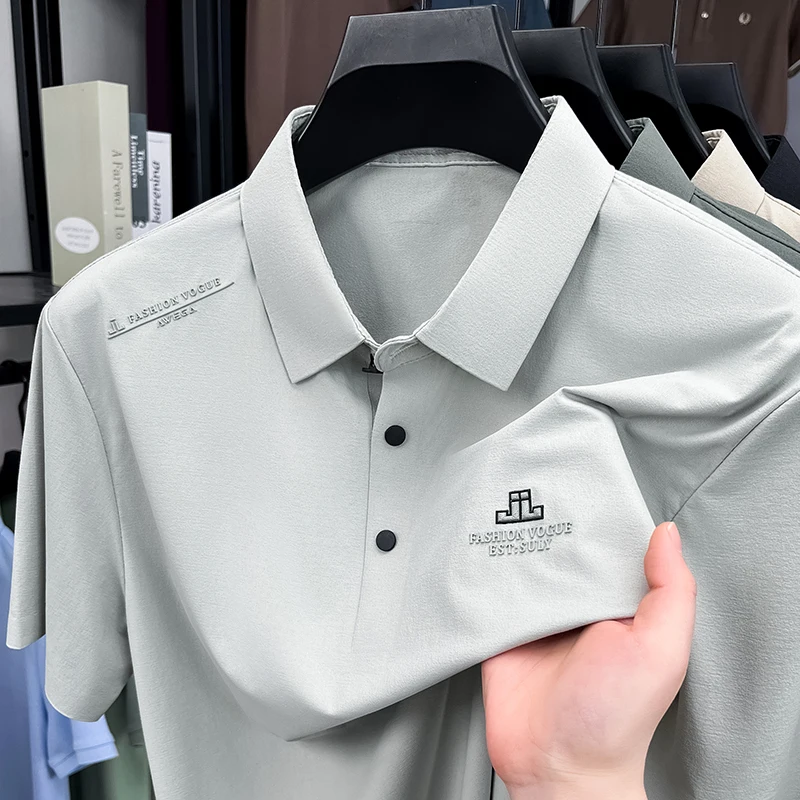 

Luxury brand fashion letter embossed short sleeve polo shirt men summer new ice silk breathable solid color casual lapel T-shirt