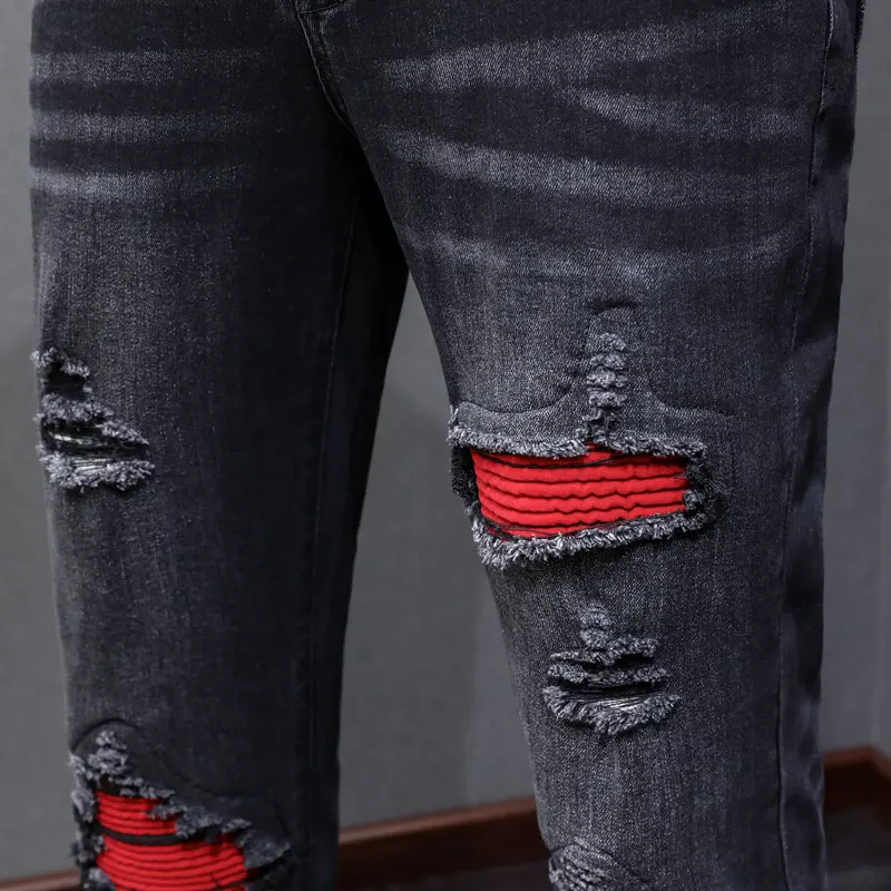 Y2k designer's fashionable new men's jeans, washed, nostalgic, slim fit, perforated, red patch, black jeans, high street trendy