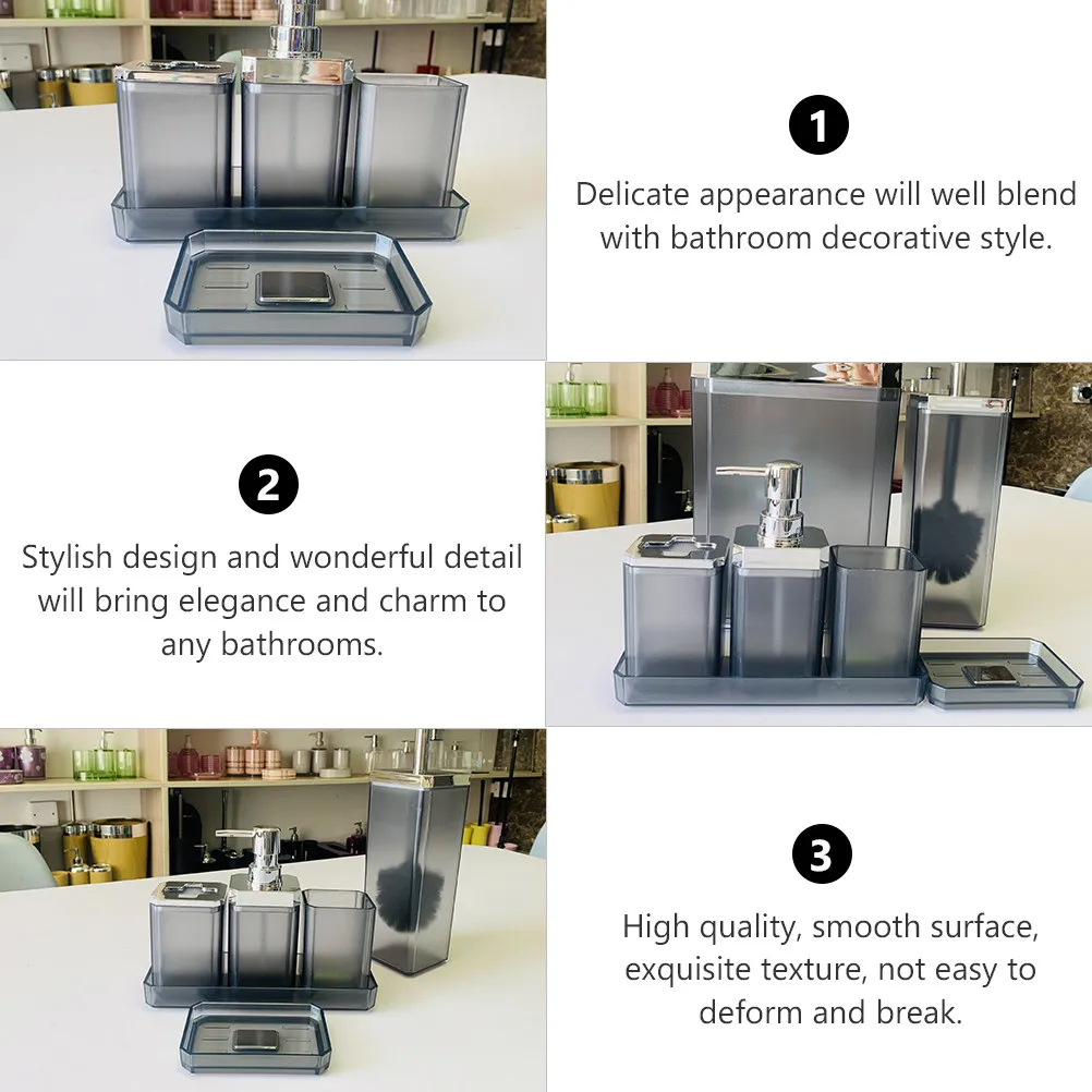 

Набор аксессуаров для ванной комнаты: держатель для зубных щеток, мыльница, дозатор для жидкого мыла, мусорное ведро, ершик для унитаза