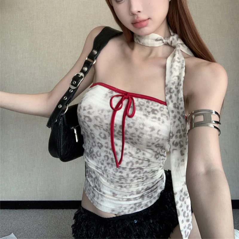 Women Y2K Cute Crop Tube Tops Summer Leopard Print Off-Shoulder Bandeau with Scarf for Streetwear Aesthetic Grunge Clothes