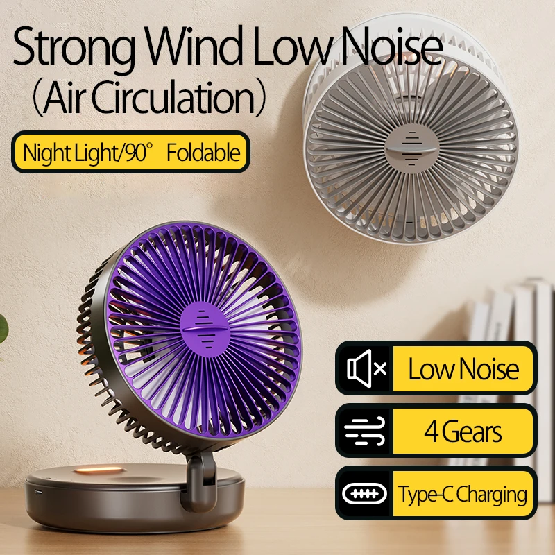 5000mAh wiederaufladbarer kleiner tragbarer Ventilator – 2026 Neues Modell, 90 ° Faltbarer Tisch- und Wandventilator, 4 Geschwindigkeiten mit warmem Nachtlicht – Detail 7
