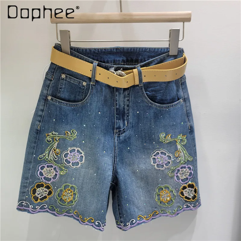

European Station Denim Shorts Women's 2026 Summer New Trend Hollow Hot Diamond Flower Embroidery Skinny Wide Leg Hot Pants