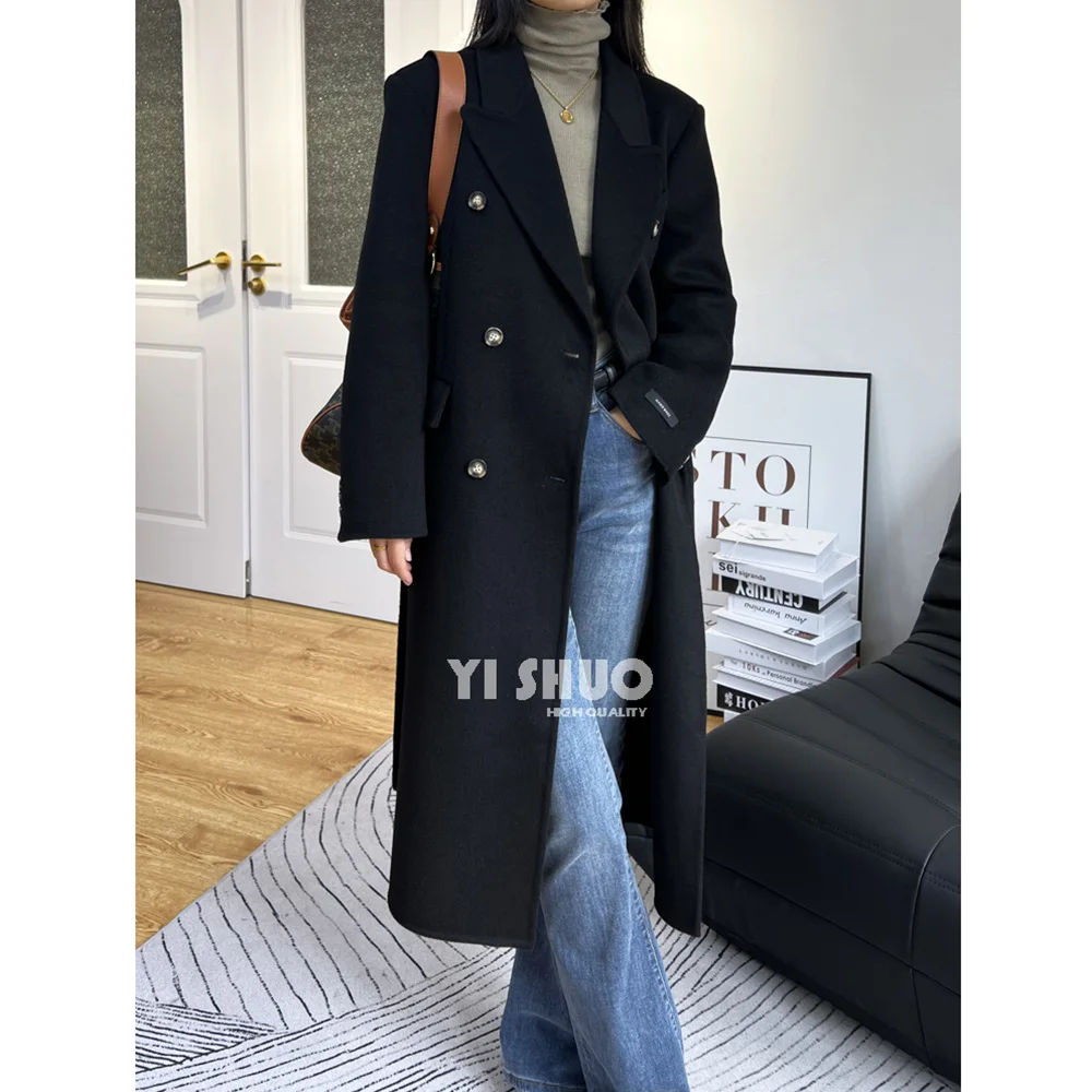 2024 High-end slimming double-sided wool cashmere overcoat suit collar lace-up long length woolen coat women cloak