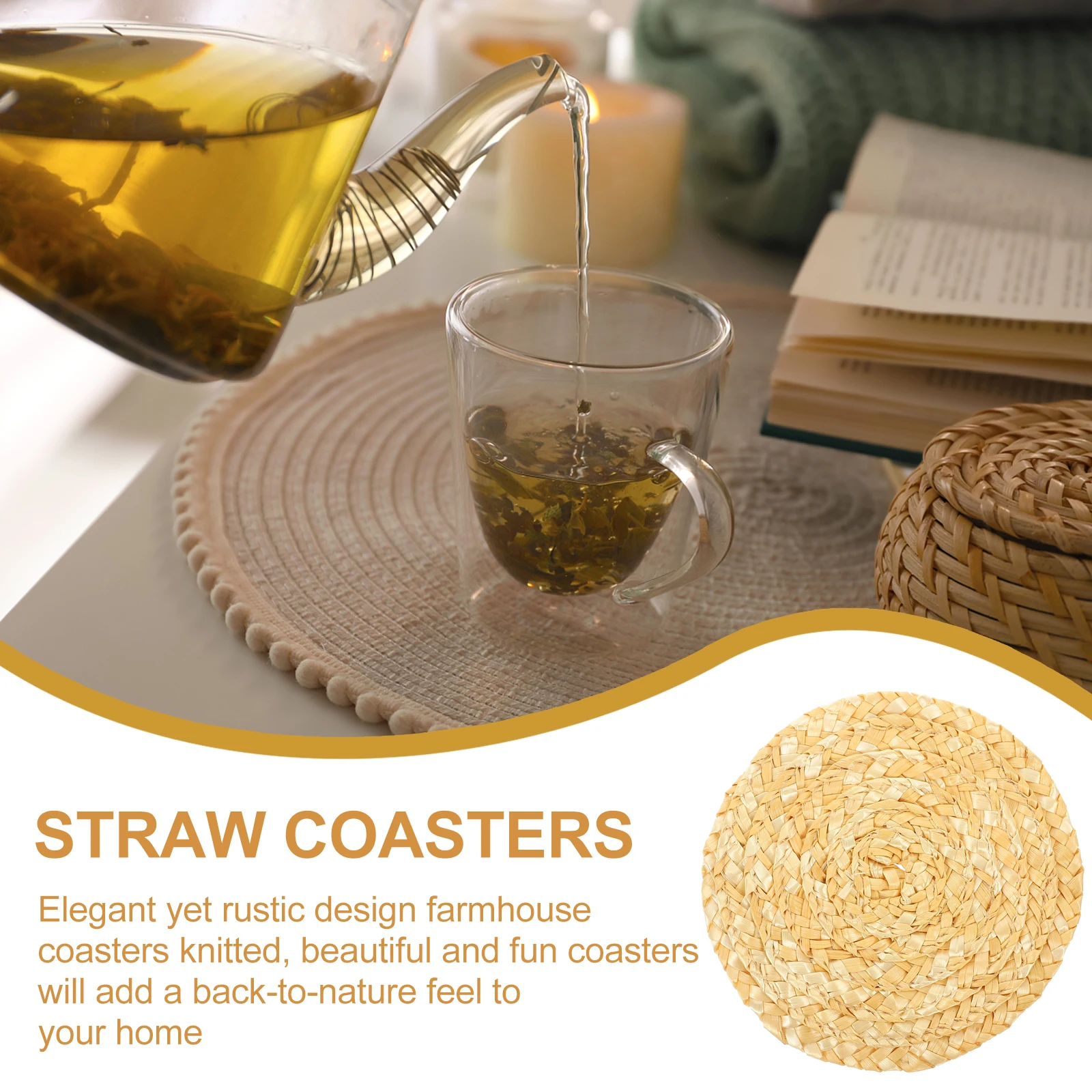 

6pcs Straw Woven Coaster Heat Resistant Round Cup Mat For Tabletop Drink Protection Farmhouse Decorative Placemat Set