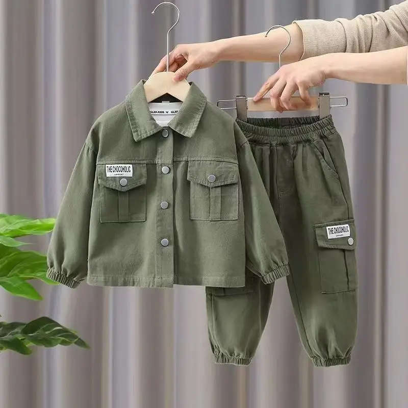 

Children's Shirt Set Spring and Autumn New Boys and Babies Handsome Casual Solid Color Workwear Top and Pants Two Piece Set