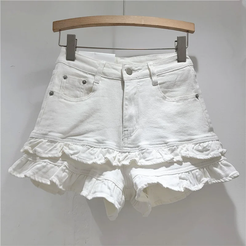 Denim Shorts Pants Y2K KoreaSweet Ruffled Women Summer Super Pretty Stretchy Versatile High Waist Slim Loose Wide Leg Pants New