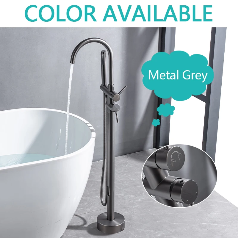 Standing Waterfall Bathtub Faucet Dual Control Hand Shower Brass Independent Faucet Hot Cold Mixer Metal Grey