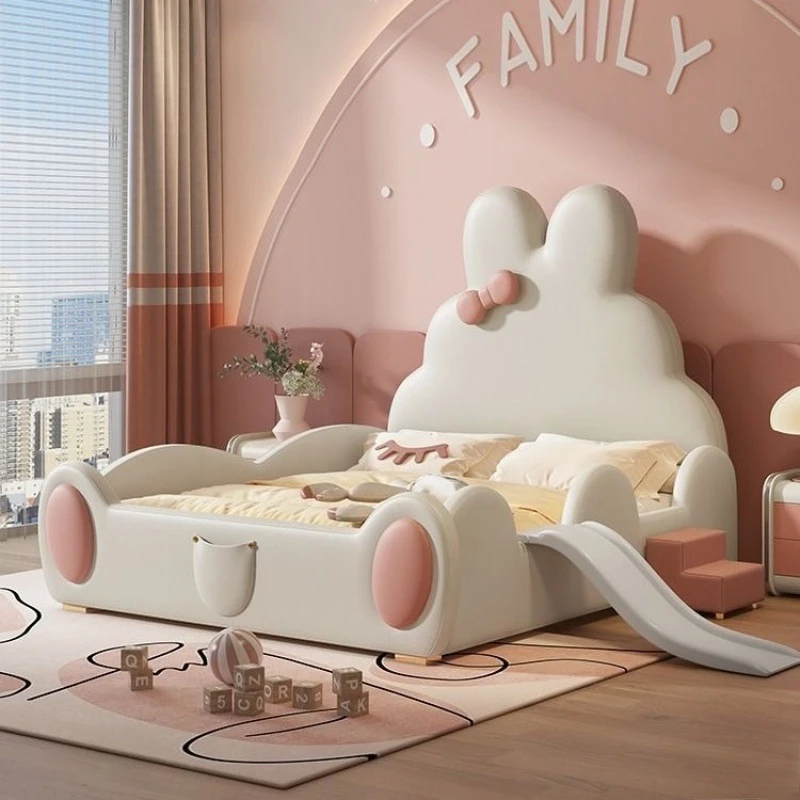 Cream Rabbit Kids Bed Girl Princess with Slide Kids Guardrail Small Apartment Light Luxury Student Leather Bed